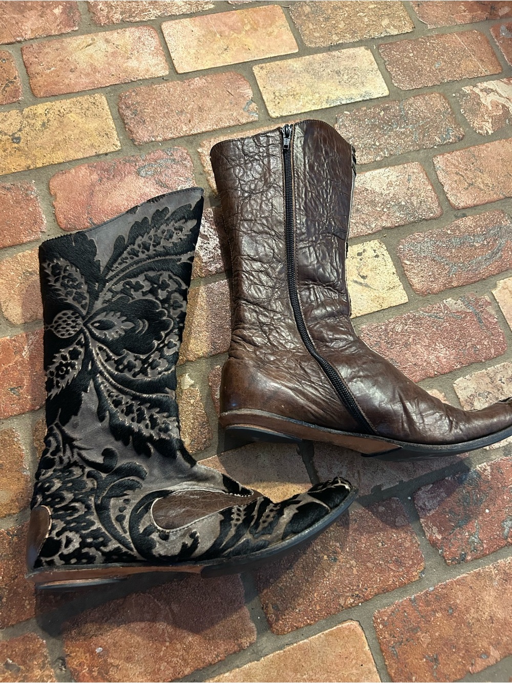 CYDWOQ Black Velvet Patterned & Brown Leather Tall Boots Duo - Picture 2 of 5